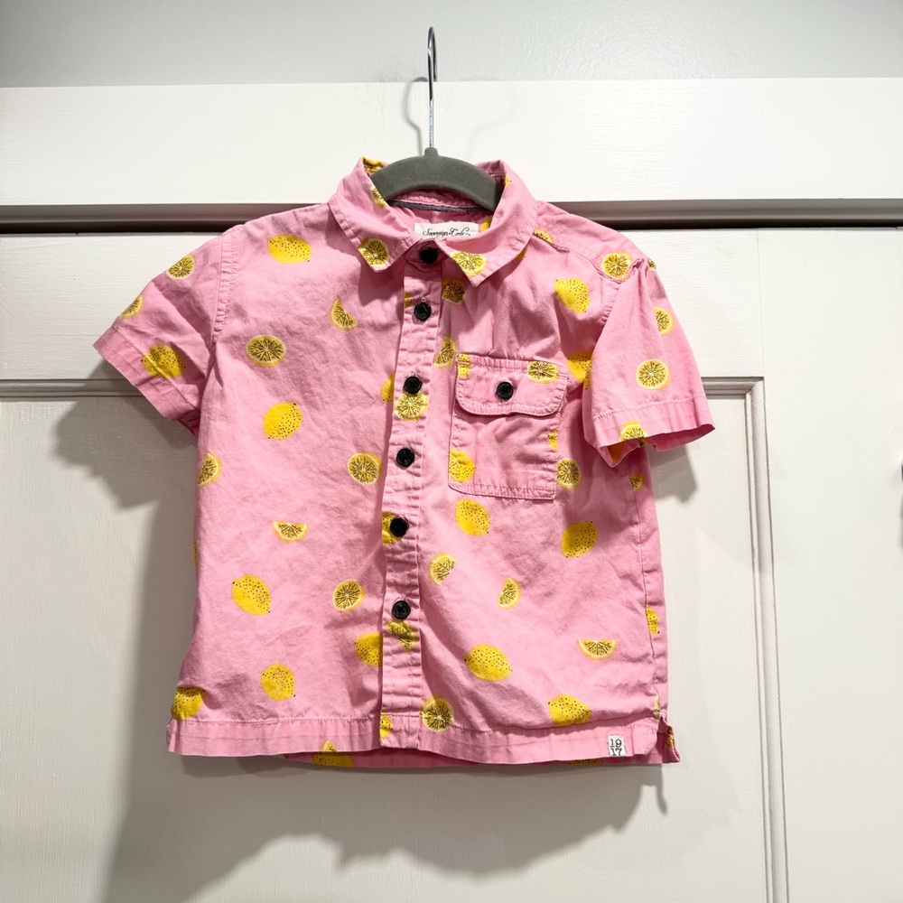 Sovereign Code Boys Lemon print Pink Button down shirt 3T Spring Summer Vacation